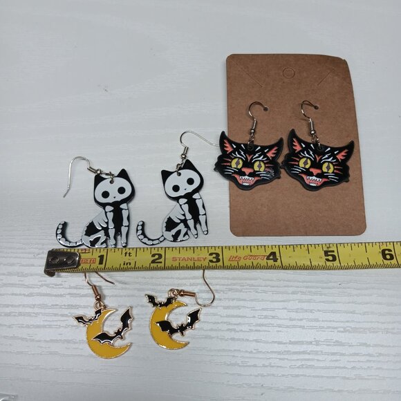 Halloween Earring Lot of 3 Gothic Black Cat Skeleton Moon Bats Festive NEW - Picture 5 of 6